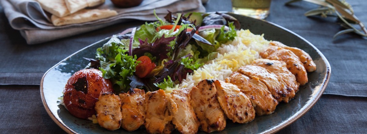 Chicken kabob plate with basmati rice and house salad