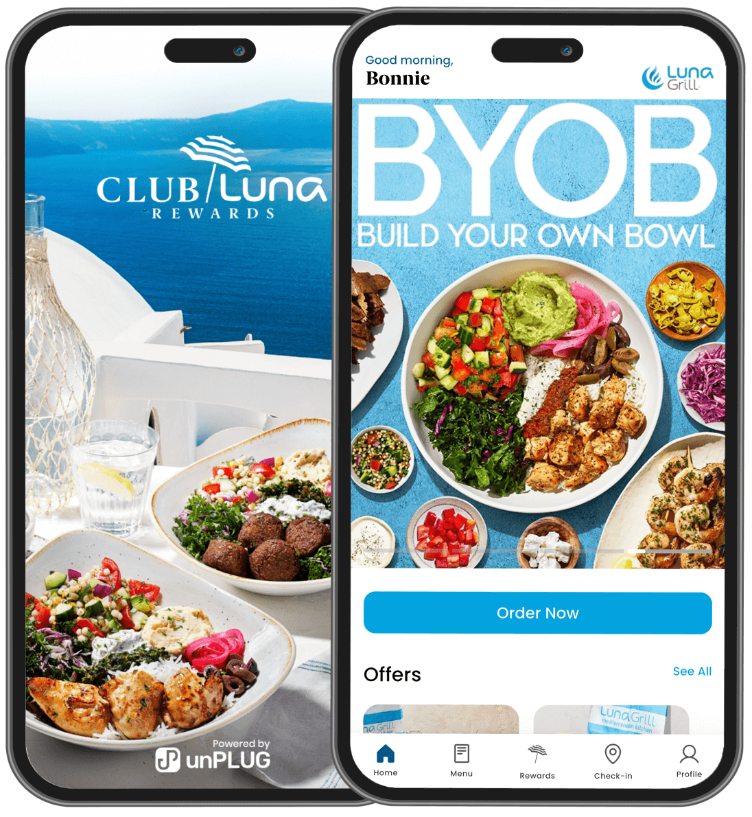 Club Luna Rewards in the Luna Grill app featuring Build Your Own Bowl
