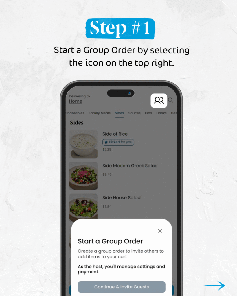 Step One of Starting a Group Order in the Luna Grill app