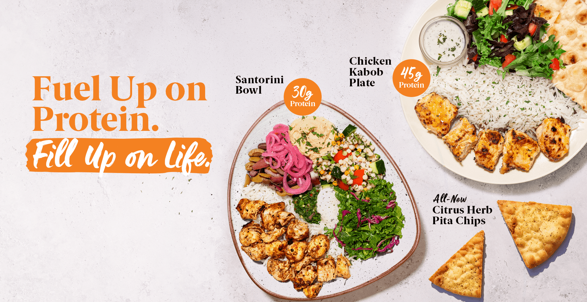 Luna Grill Chicken Kabob Plate and Santorini Bowl with Pita Chips