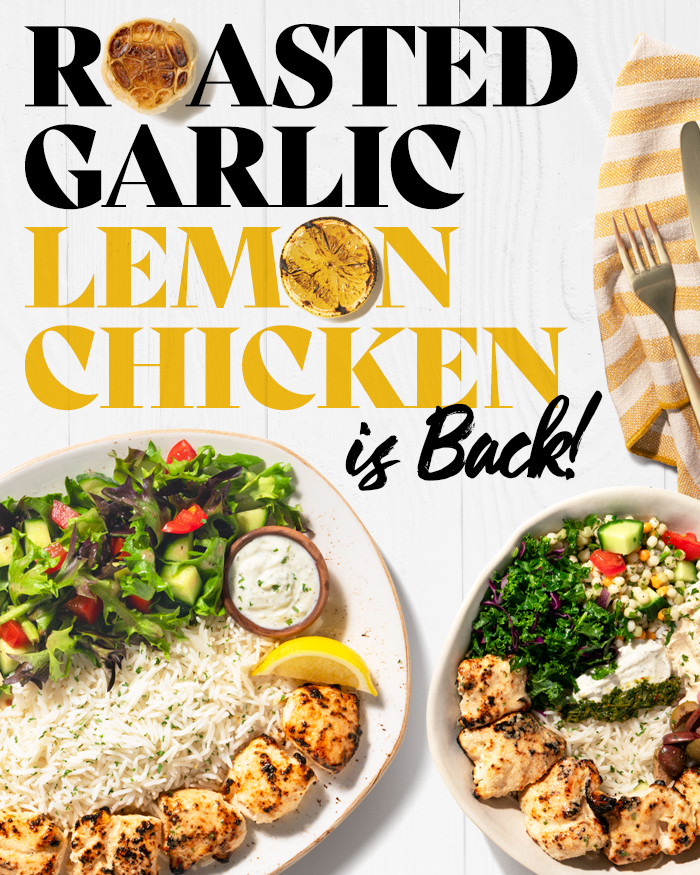 Roasted Garlic Lemon Chicken Plate, Bowl and Pita shown with garlic and lemon